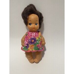 VTG Doll 1980s Floral Print Dress Brown Hair Hong Kong 5.5” Side Eye Plastic